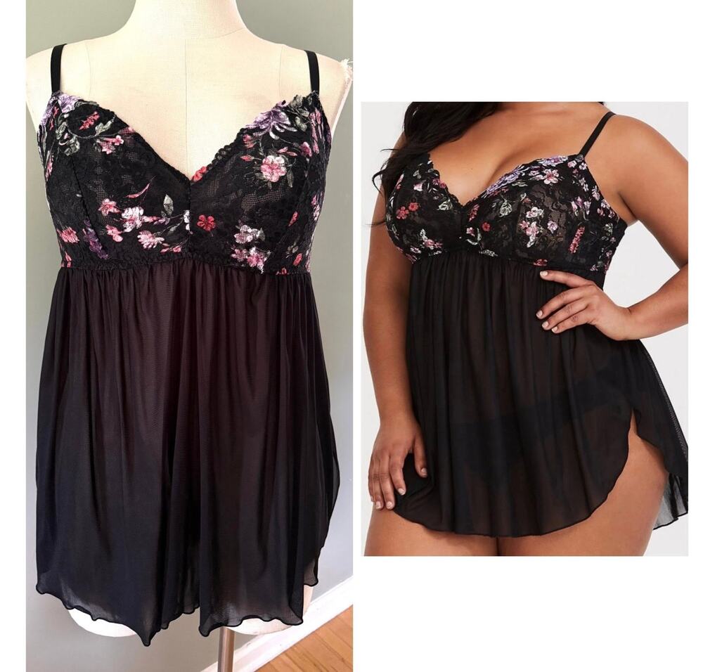 Torrid 2 (2X 18/20) Sexy Black Floral Busty Sheer Babydoll Lingerie Chemise New